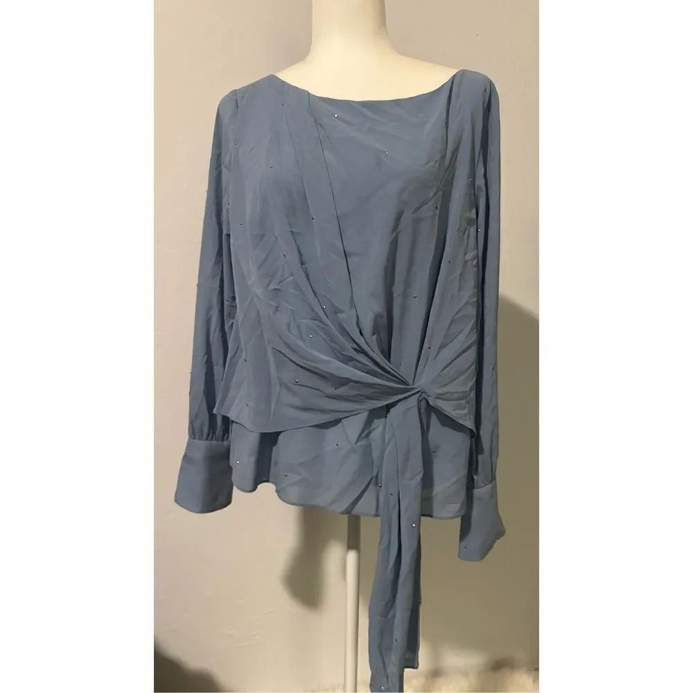 St. John light blue wrap style long sleeve blouse silk blend 8